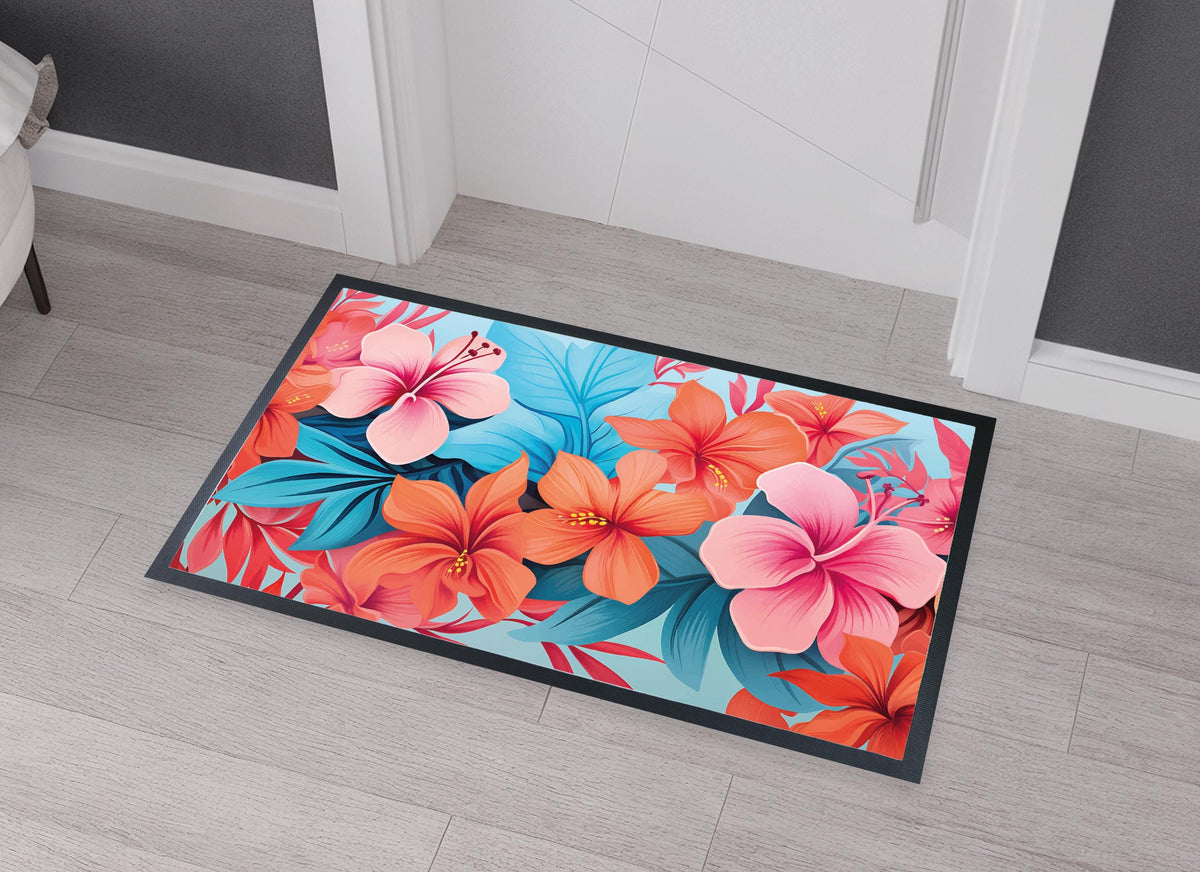 Vibrant Floral Bathroom Mat, Tropical Flowers Bath Rug, Colorful Hibiscus Mat