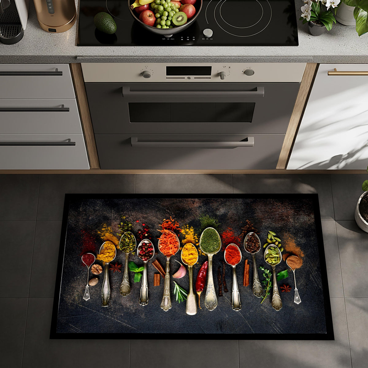 Spice Illustration Kitchen Mat, Colorful Herb Rug, Non-Slip Washable Cooking Area Mat