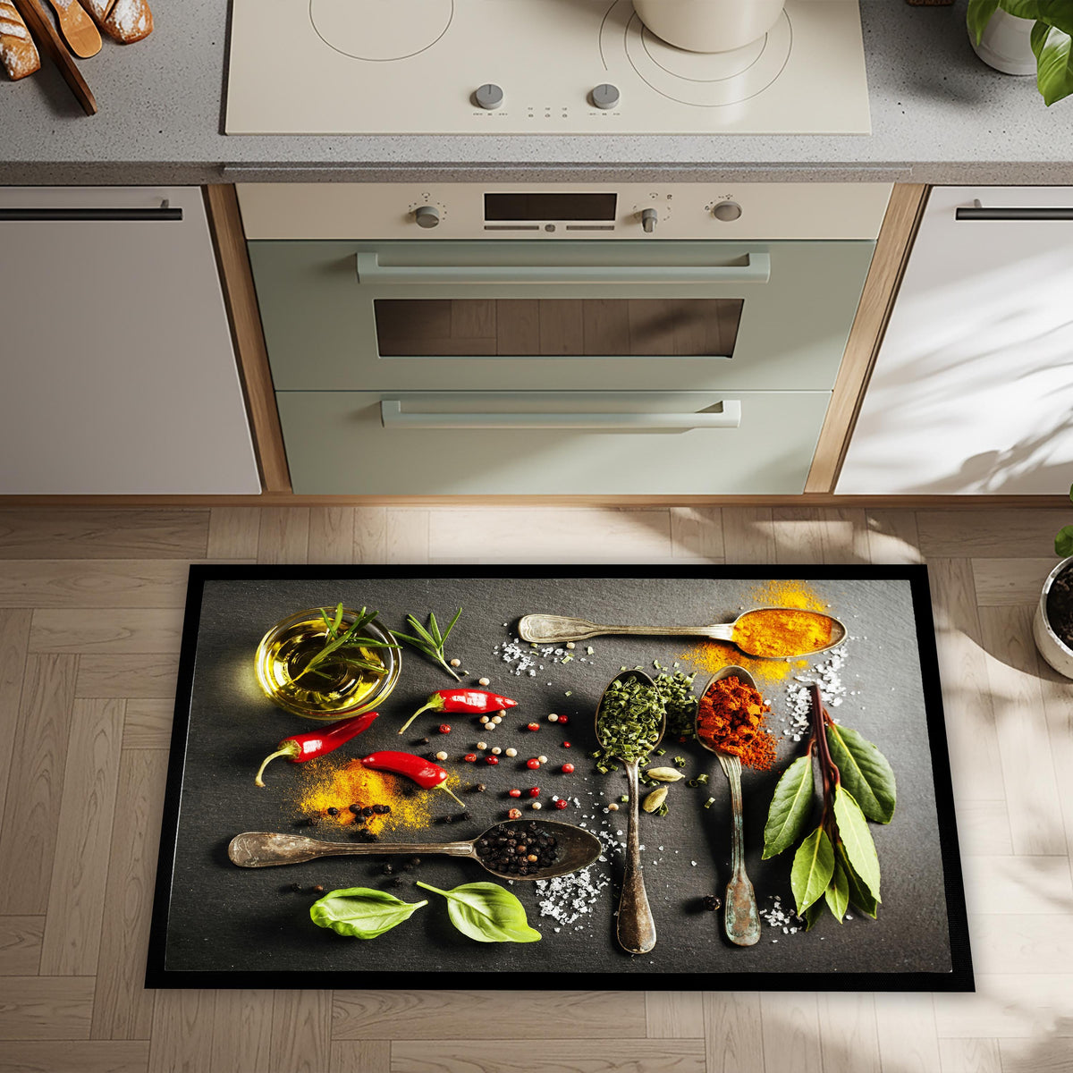Spice Illustration Kitchen Mat, Colorful Herb Rug, Non-Slip Washable Cooking Area Mat