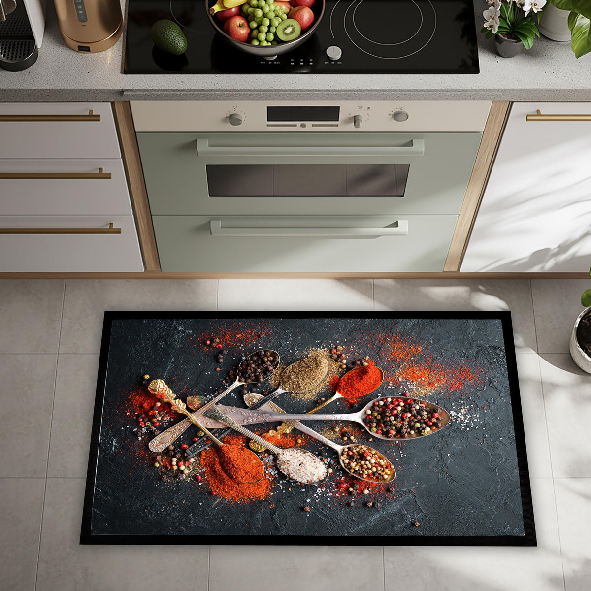 Spice Illustration Kitchen Mat, Colorful Herb Rug, Non-Slip Washable Cooking Area Mat