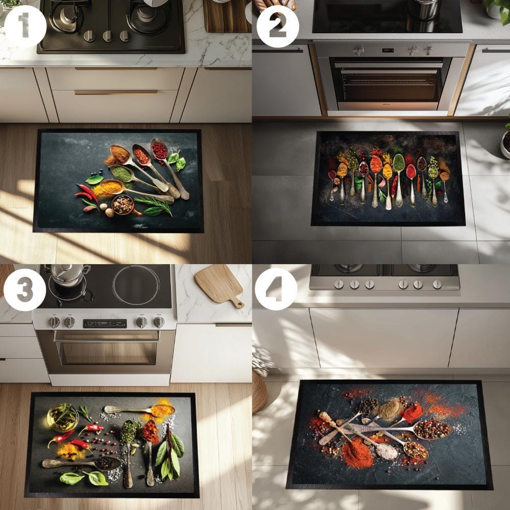 Spice Illustration Kitchen Mat, Colorful Herb Rug, Non-Slip Washable Cooking Area Mat