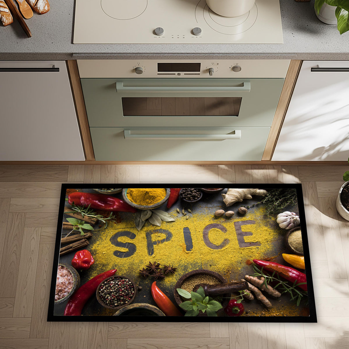Spice Kitchen Rug, Farmhouse Non-Slip Floor Mat, Minimalist Cooking Decor