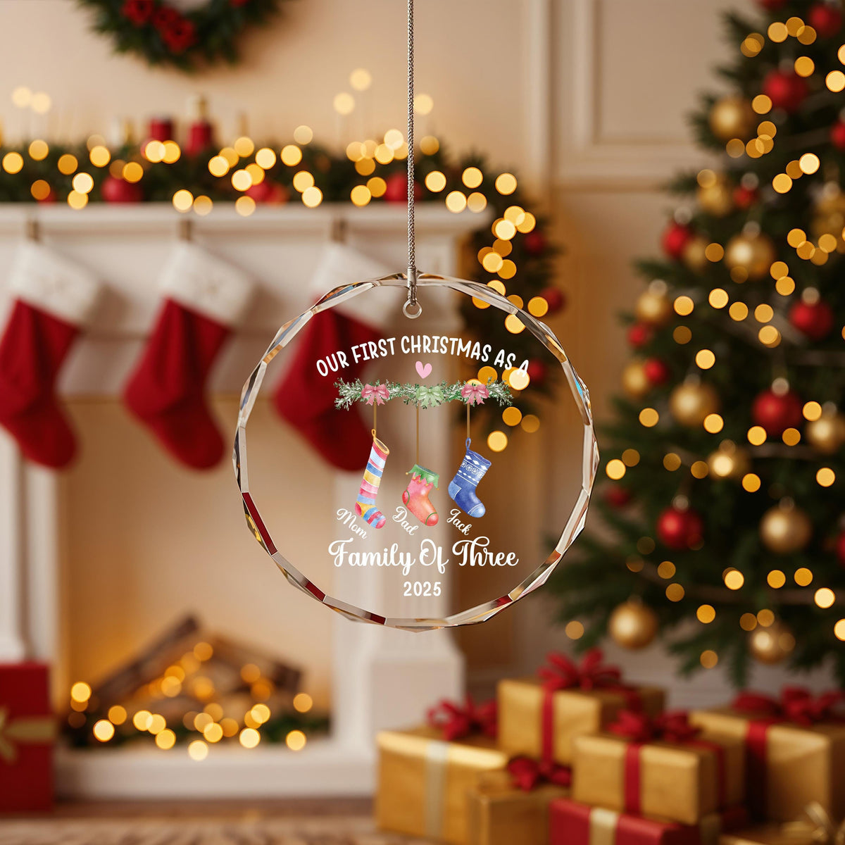Custom Stocking Family Crystal Glass Ornament, First Christmas Keepsake