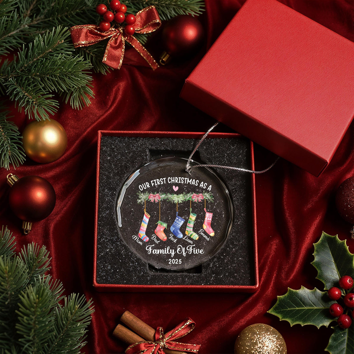 Custom Stocking Family Crystal Glass Ornament, First Christmas Keepsake