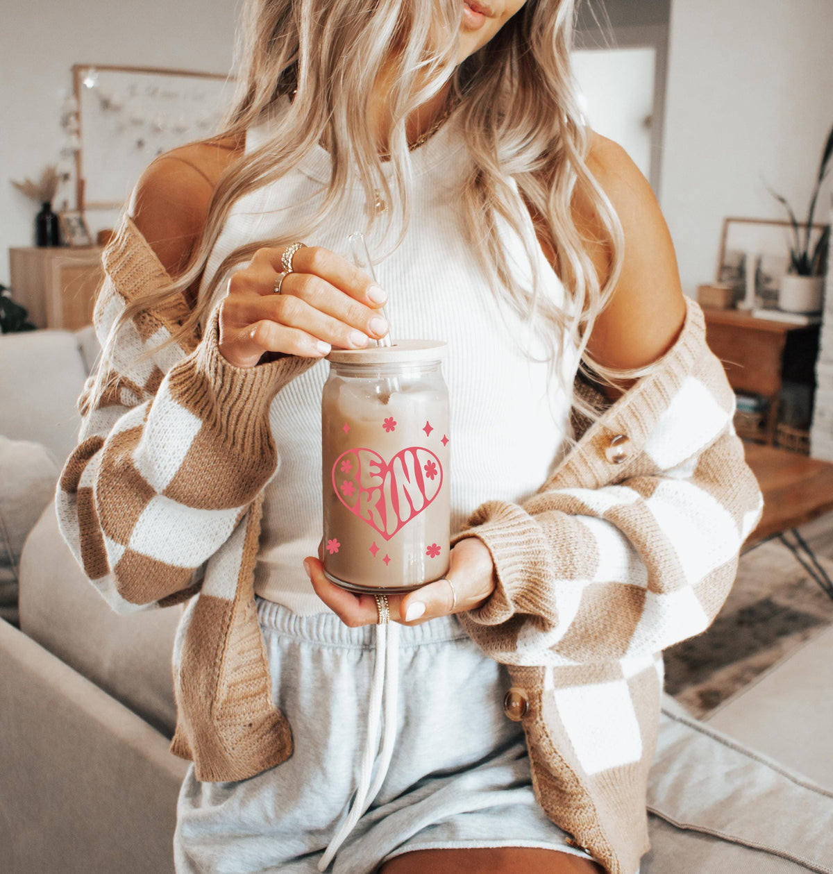 Be Kind Can Glass Cup, Pink Retro Groovy Iced Coffee Cup, Inspirational Bamboo Lid Tumbler