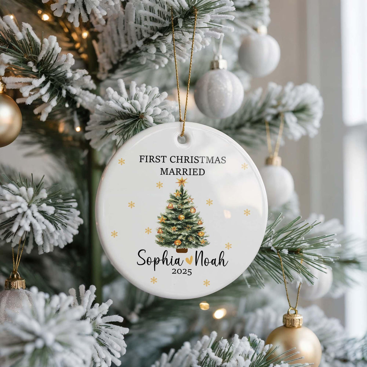 Personalized First Christmas Married Ceramic Ornament, Couple Keepsake