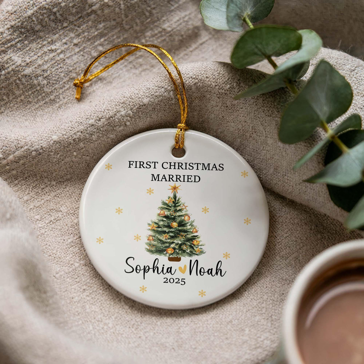 Personalized First Christmas Married Ceramic Ornament, Couple Keepsake