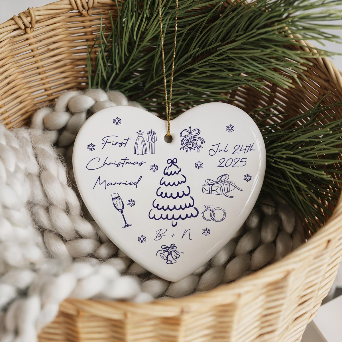 Personalized First Christmas Married Ceramic Ornament, Wedding Keepsake