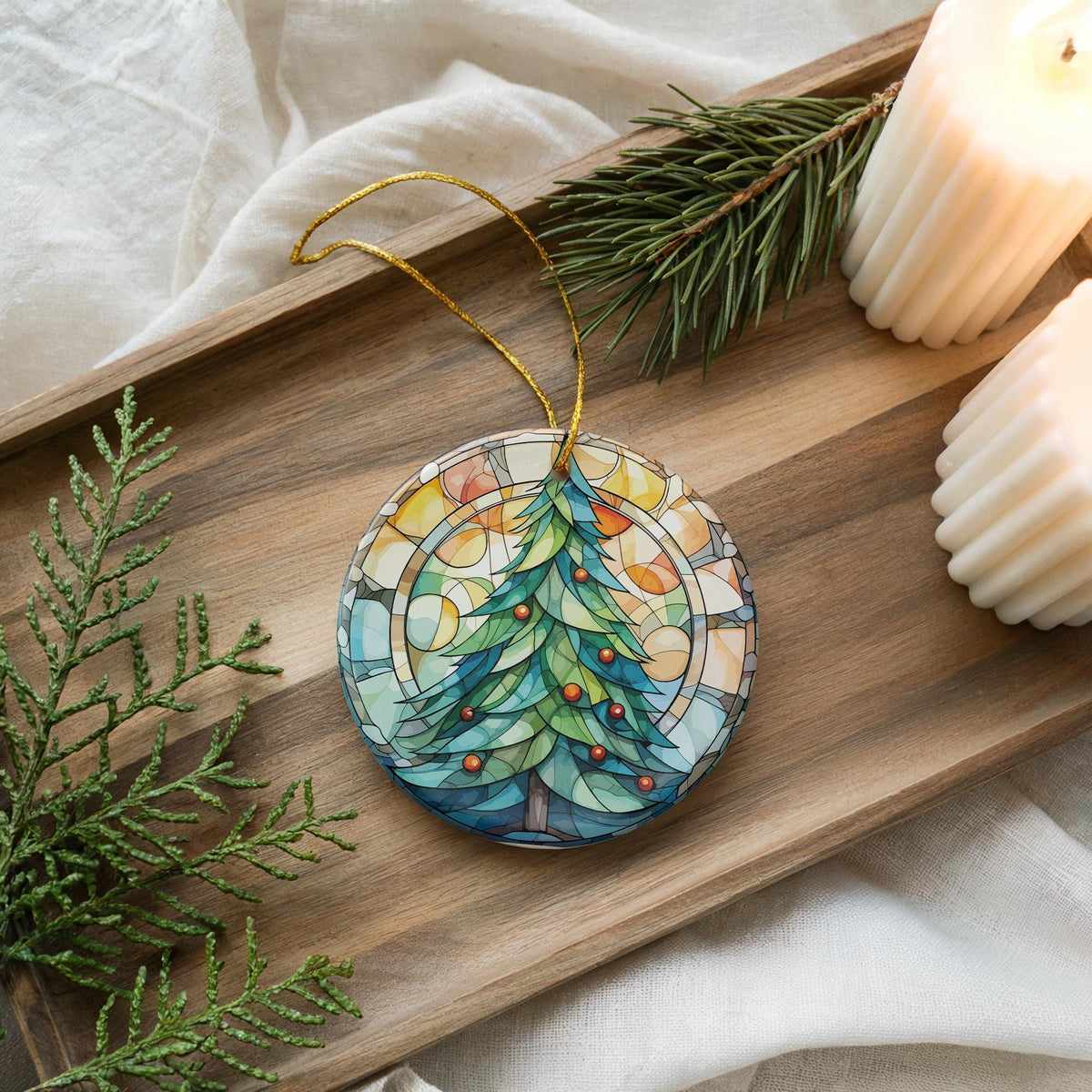 Stained Glass Style Christmas Tree Ceramic Ornament, Holiday Keepsake