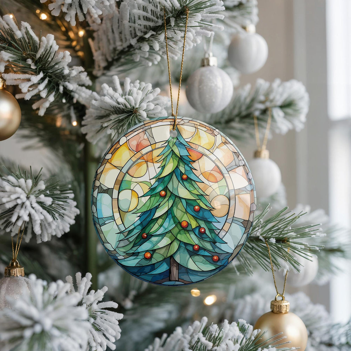 Stained Glass Style Christmas Tree Ceramic Ornament, Holiday Keepsake