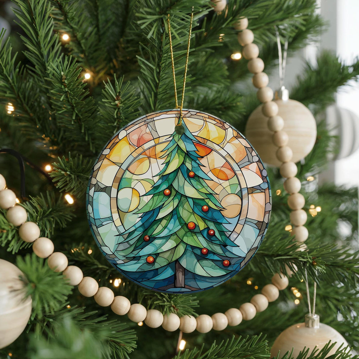 Stained Glass Style Christmas Tree Ceramic Ornament, Holiday Keepsake