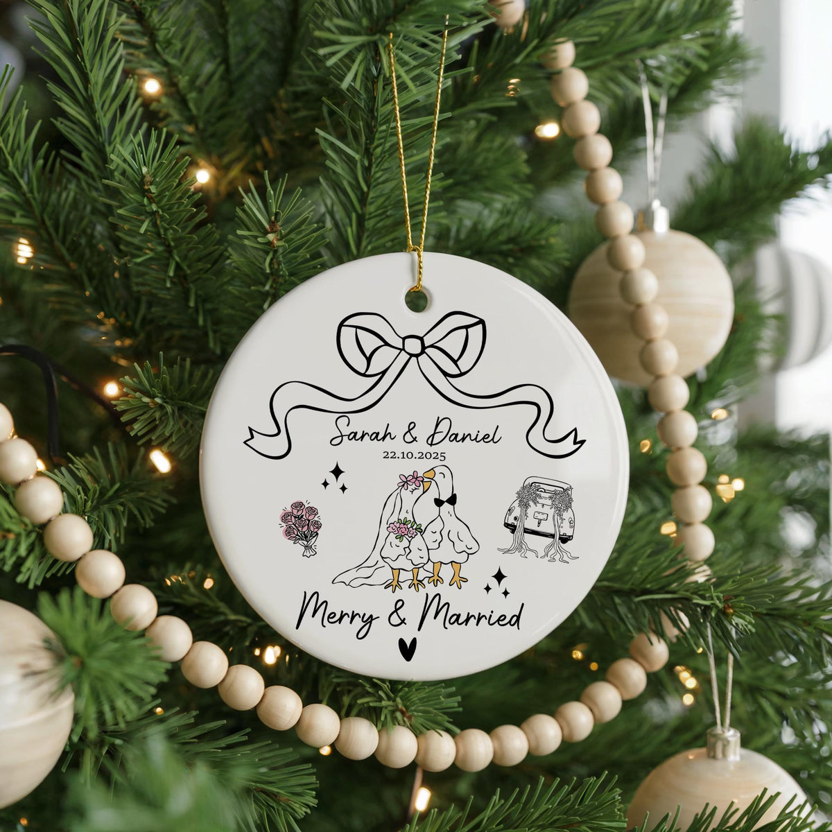 Personalized Newlywed Christmas Ornament, Goose Couple Ceramic Keepsake