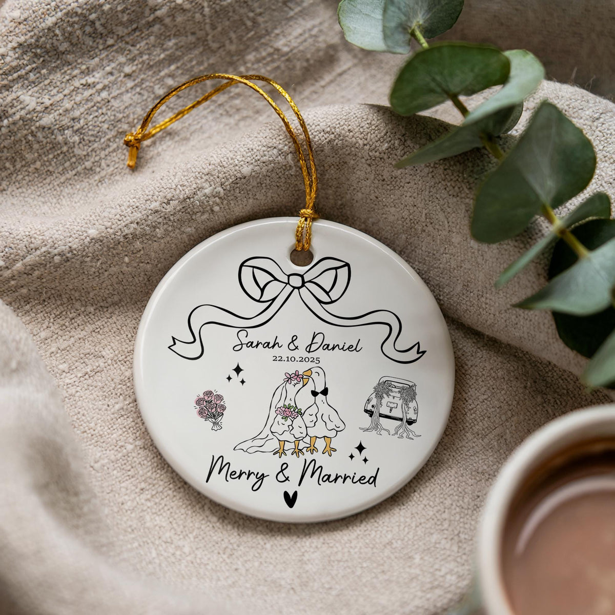 Personalized Newlywed Christmas Ornament, Goose Couple Ceramic Keepsake