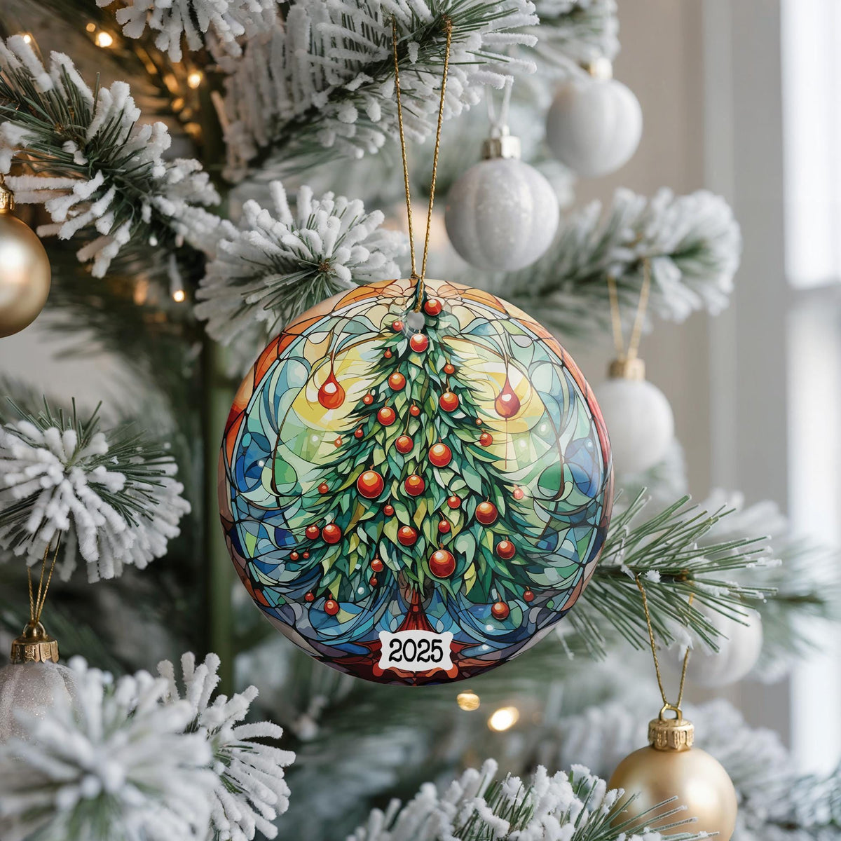 Stained Glass Christmas Tree Ceramic Ornament, Holiday Keepsake