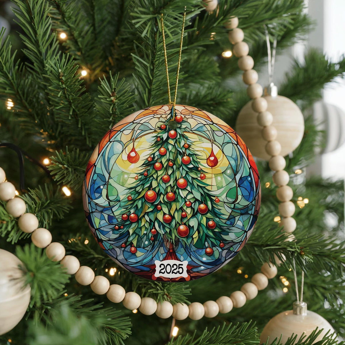 Stained Glass Christmas Tree Ceramic Ornament, Holiday Keepsake