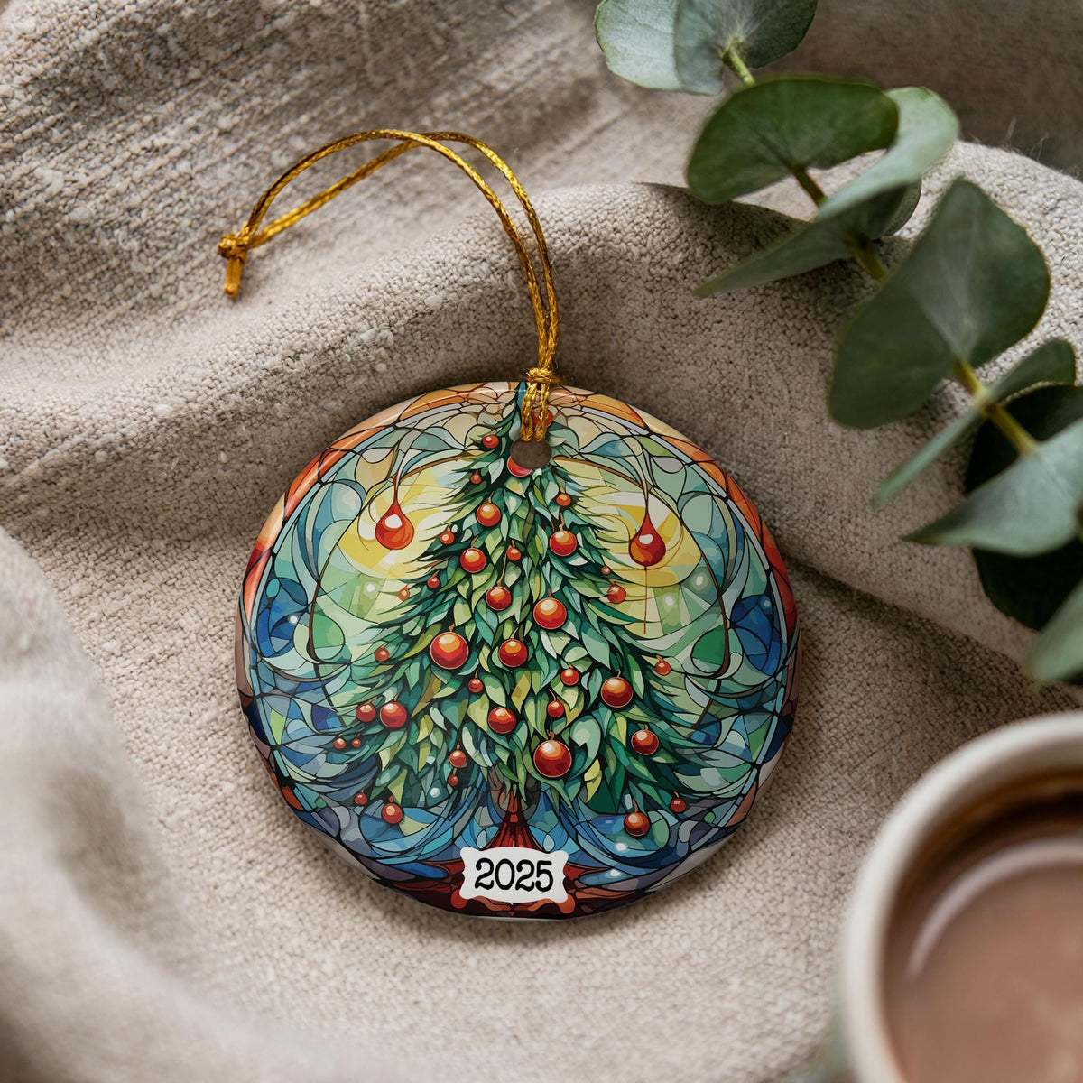 Stained Glass Christmas Tree Ceramic Ornament, Holiday Keepsake
