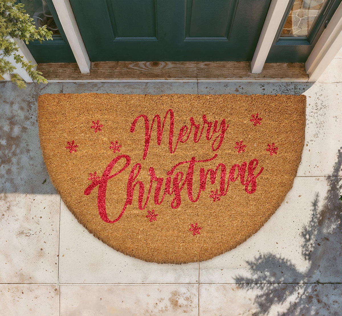 Merry Christmas Doormat, Natural Coir Festive Welcome Mat, Semi Circle Xmas Porch Decor
