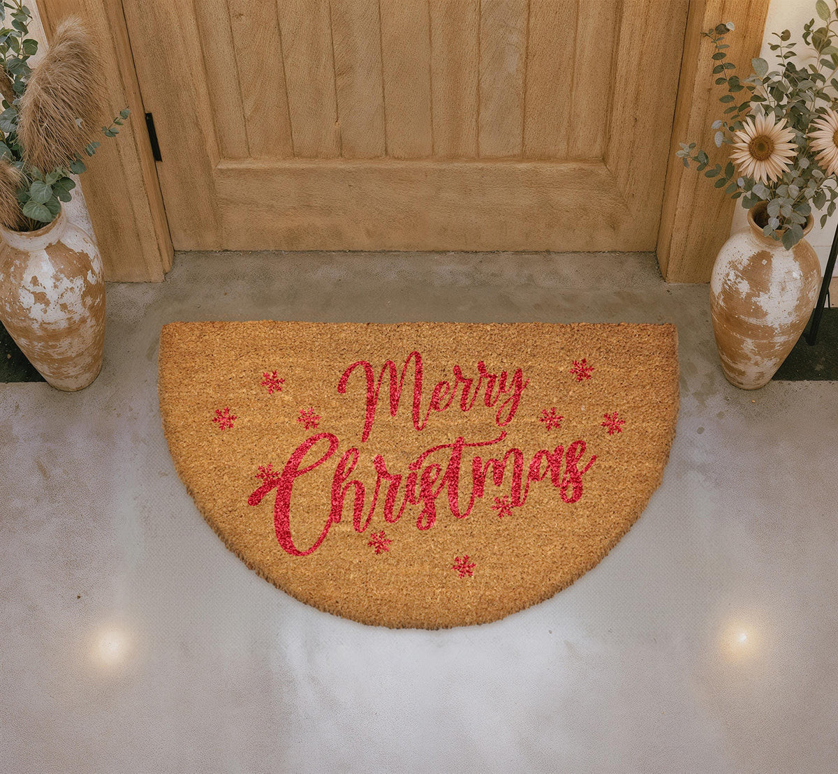 Merry Christmas Doormat, Natural Coir Festive Welcome Mat, Semi Circle Xmas Porch Decor