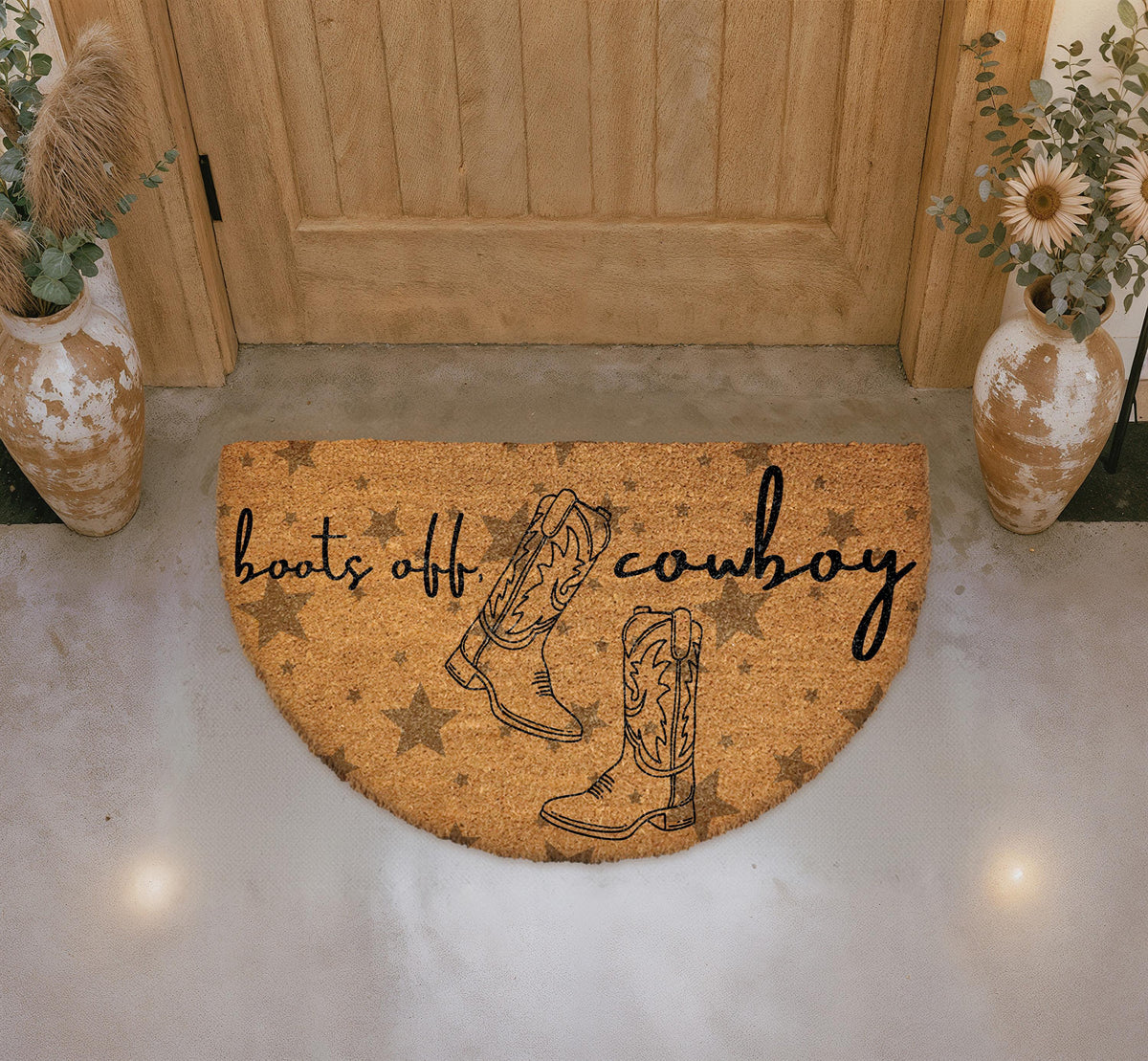 Boots Off Cowboy Doormat, Natural Coir Western Welcome Mat, Rustic Ranch Outdoor Rug