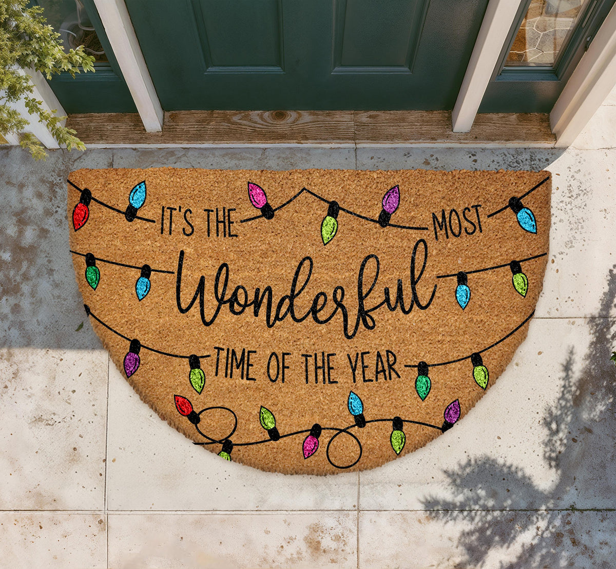 Time of Year Doormat, Colorful Christmas Lights Welcome Mat, Festive Entryway Rug