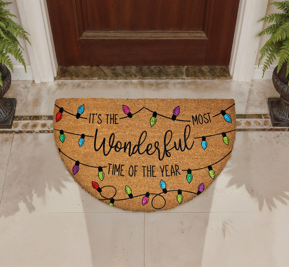 Time of Year Doormat, Colorful Christmas Lights Welcome Mat, Festive Entryway Rug