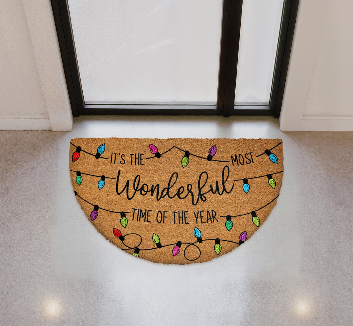 Time of Year Doormat, Colorful Christmas Lights Welcome Mat, Festive Entryway Rug