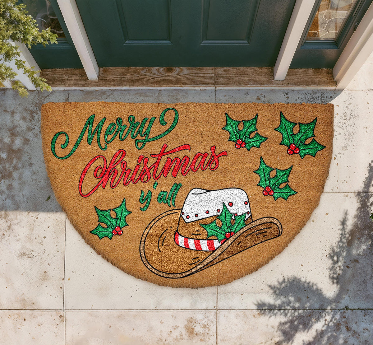 Merry Christmas Y'all Doormat, Western Cowboy Hat Holiday Entryway Mat