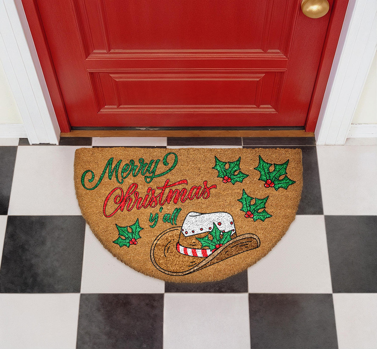 Merry Christmas Y'all Doormat, Western Cowboy Hat Holiday Entryway Mat