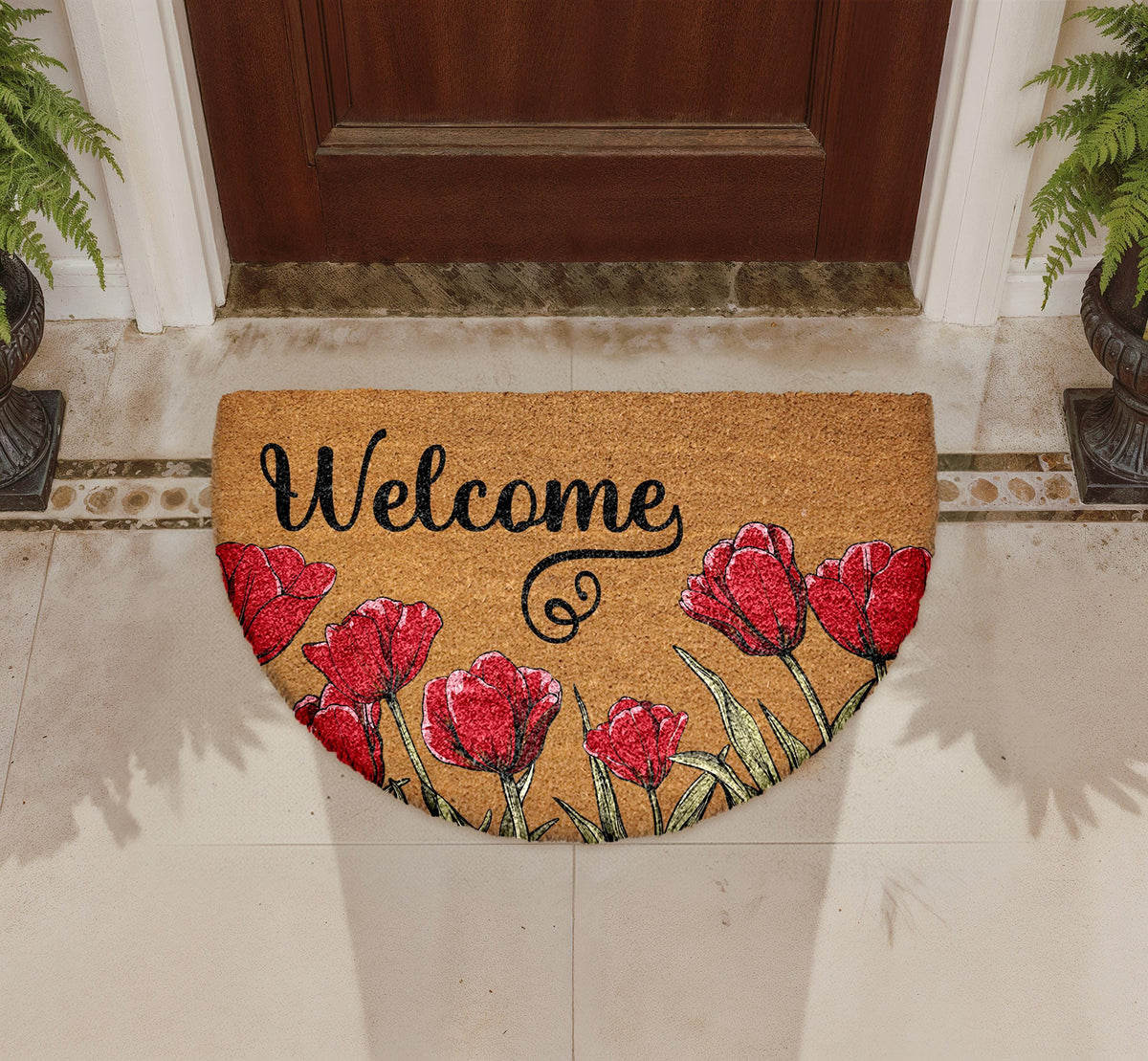 Floral Welcome Mat, Natural Coir Botanical Doormat, Semi-Circle Front Porch Rug