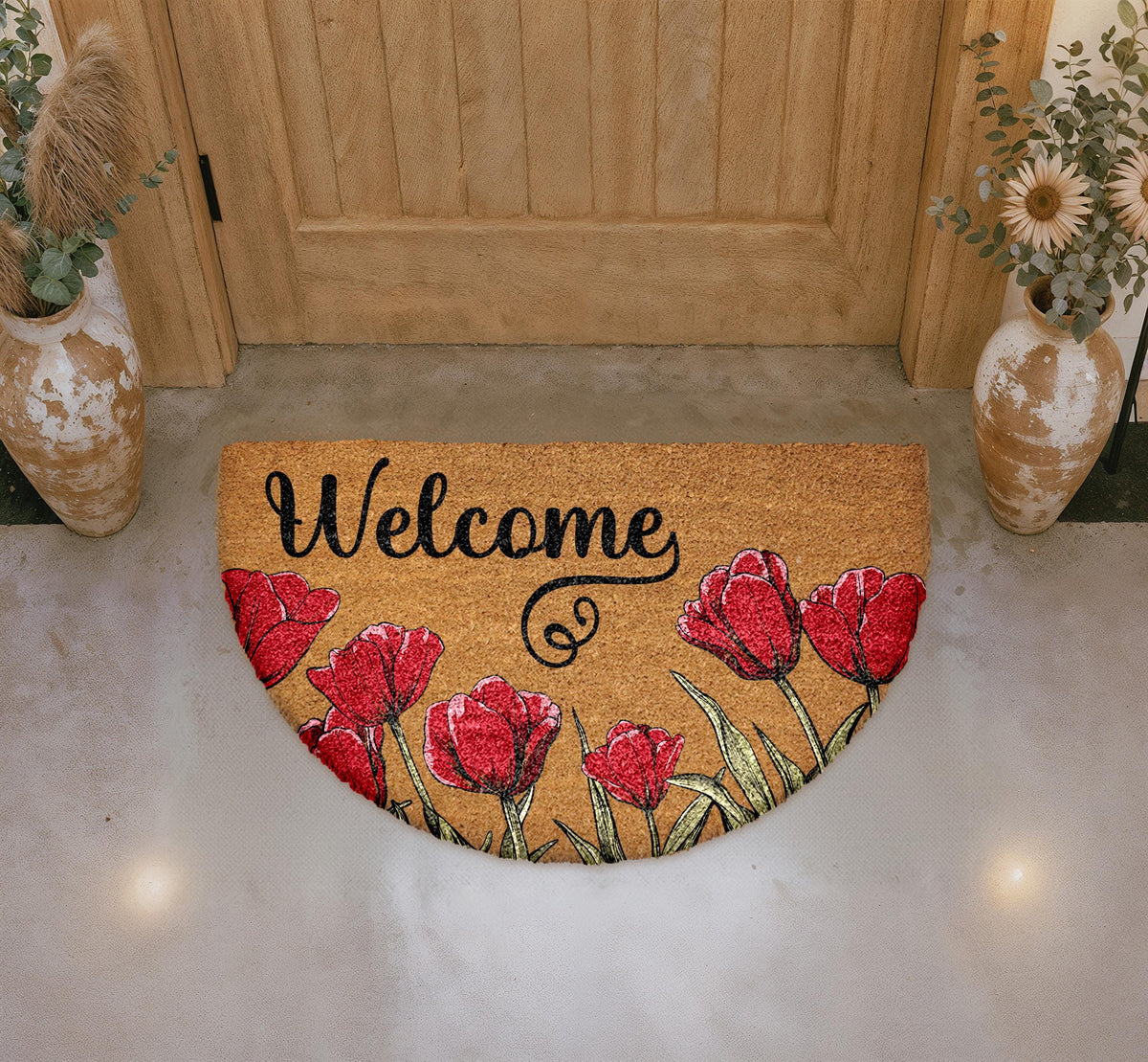 Floral Welcome Mat, Natural Coir Botanical Doormat, Semi-Circle Front Porch Rug