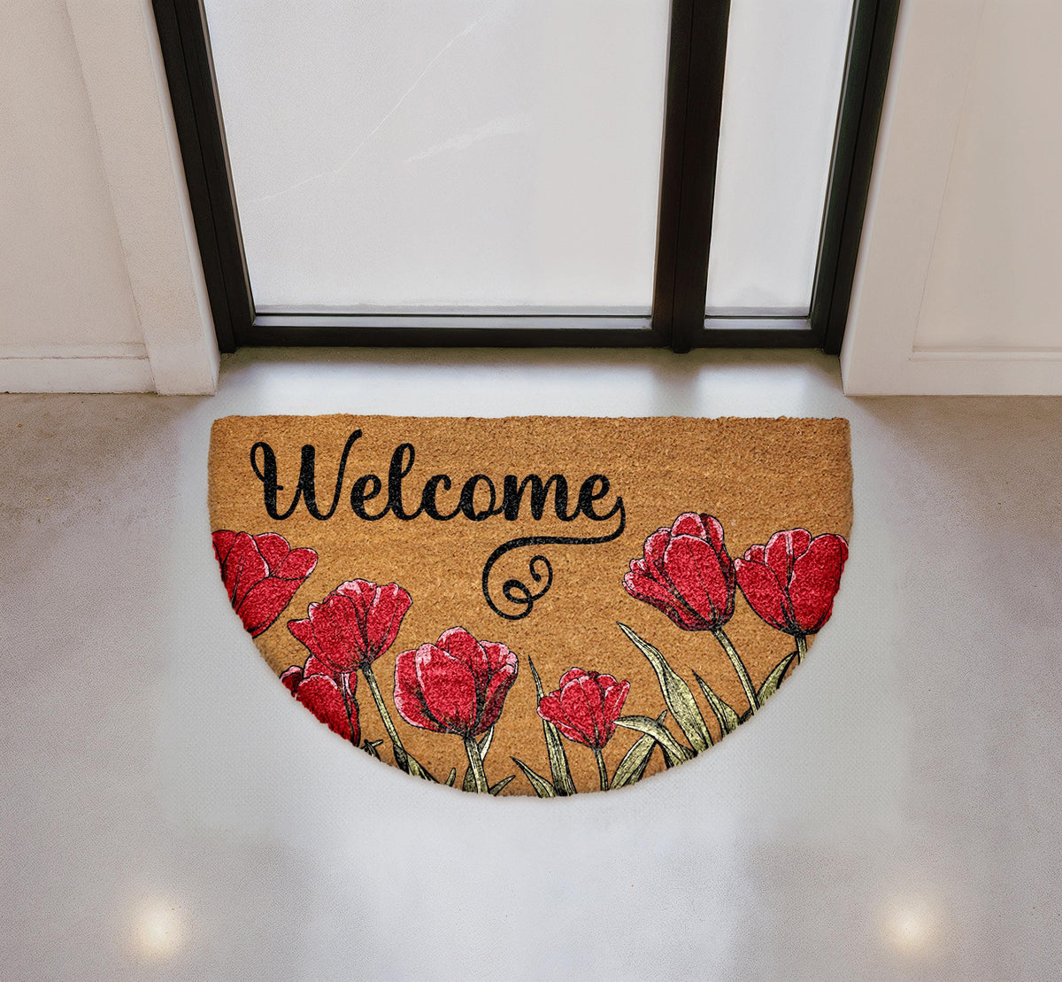 Floral Welcome Mat, Natural Coir Botanical Doormat, Semi-Circle Front Porch Rug