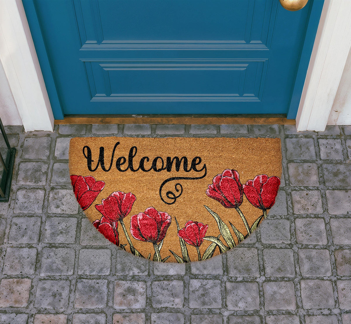 Floral Welcome Mat, Natural Coir Botanical Doormat, Semi-Circle Front Porch Rug