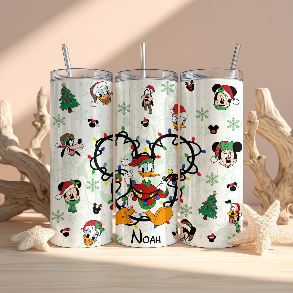Personalized Cartoon Christmas Tumbler, Holiday Lights Cup with Straw, Family Xmas Gift
