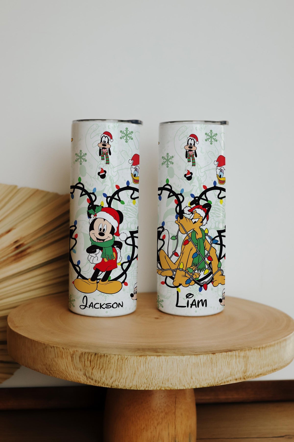 Personalized Cartoon Christmas Tumbler, Holiday Lights Cup with Straw, Family Xmas Gift