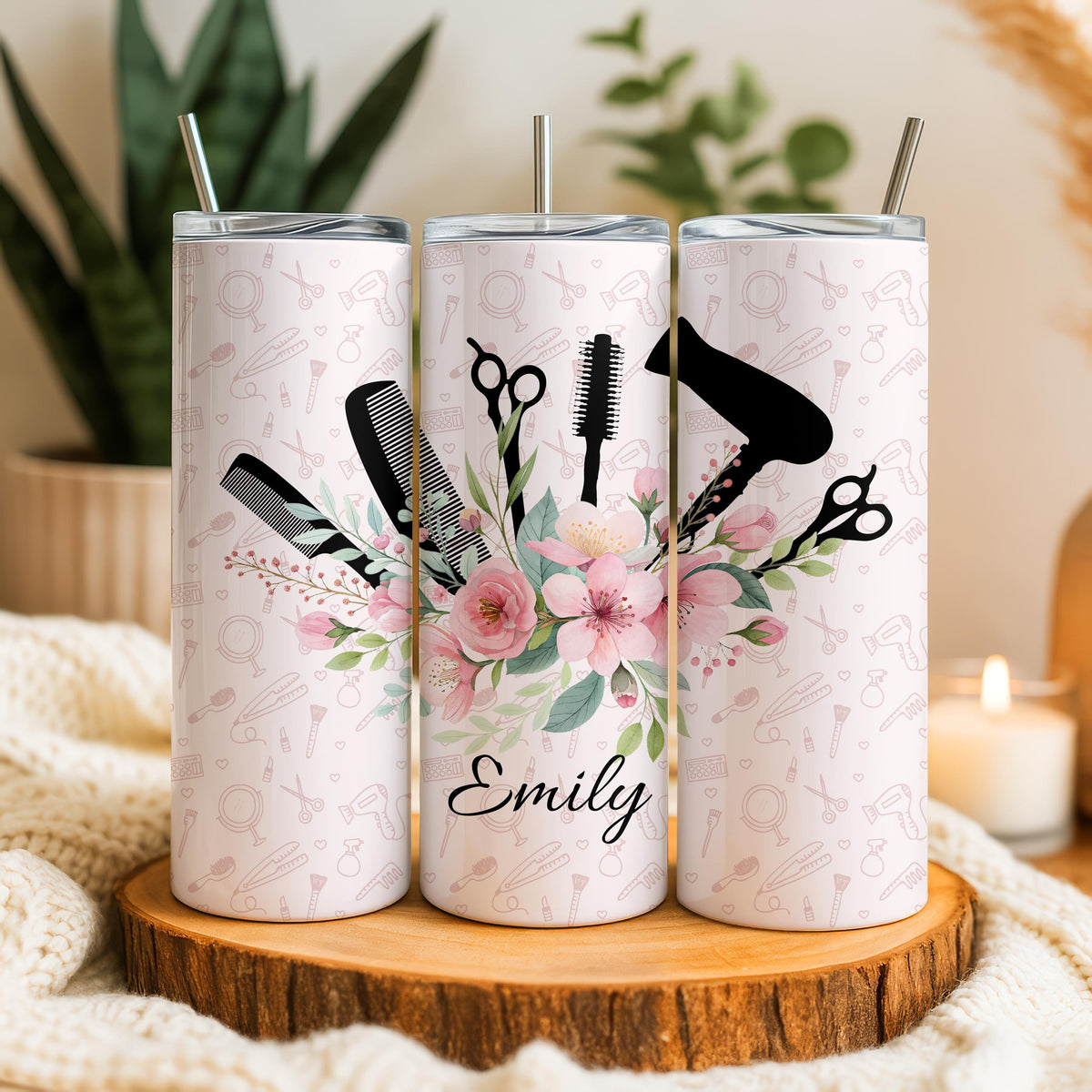 Personalized Hairstylist Tumbler With Straw, Floral Cosmetology Salon Cup