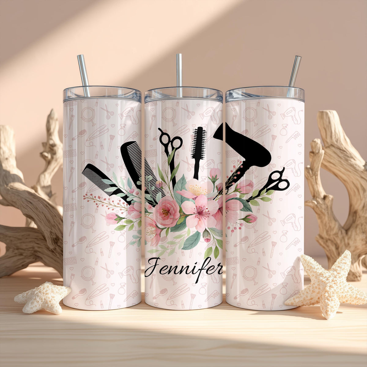 Personalized Hairstylist Tumbler With Straw, Floral Cosmetology Salon Cup