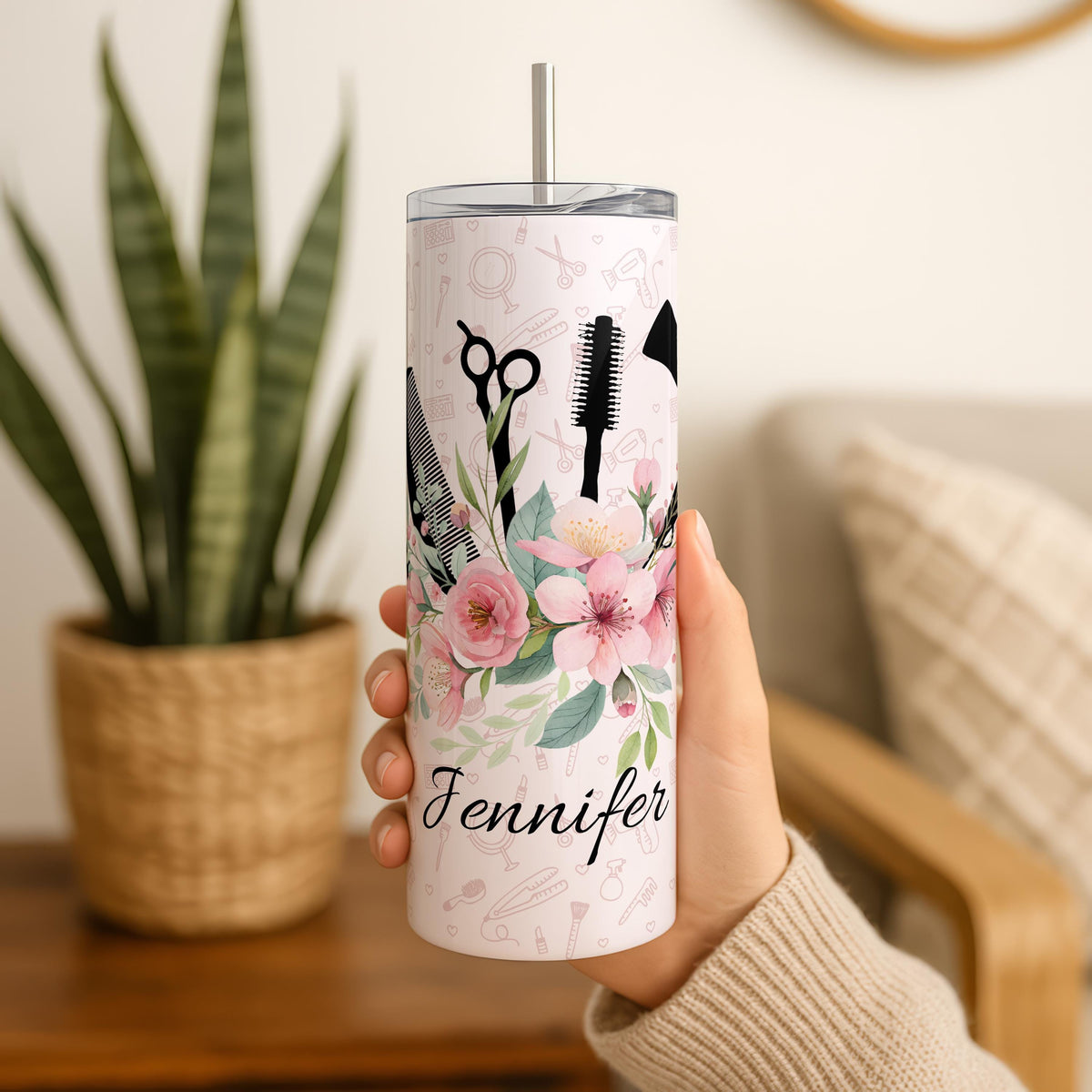 Personalized Hairstylist Tumbler With Straw, Floral Cosmetology Salon Cup