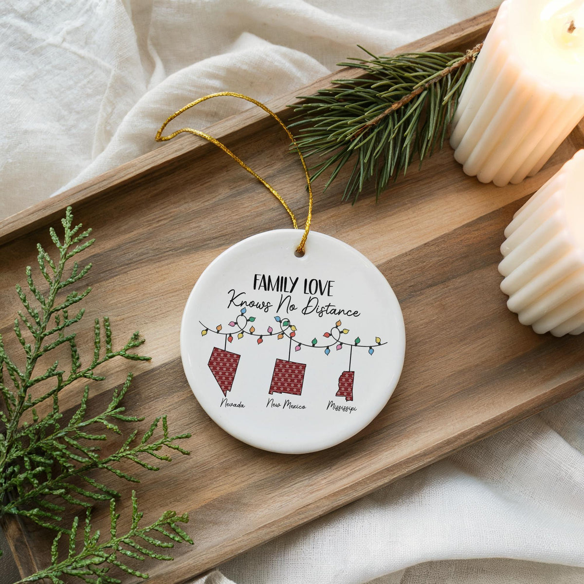 Personalized State Ceramic Christmas Ornament, Long Distance Family Keepsake