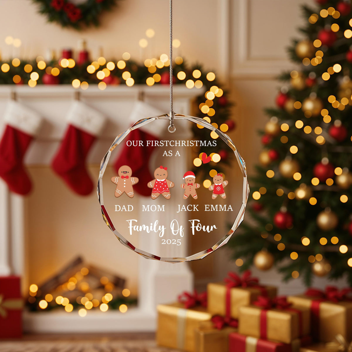Custom Gingerbread Family Crystal Glass Christmas Ornament, Family Keepsake Gift