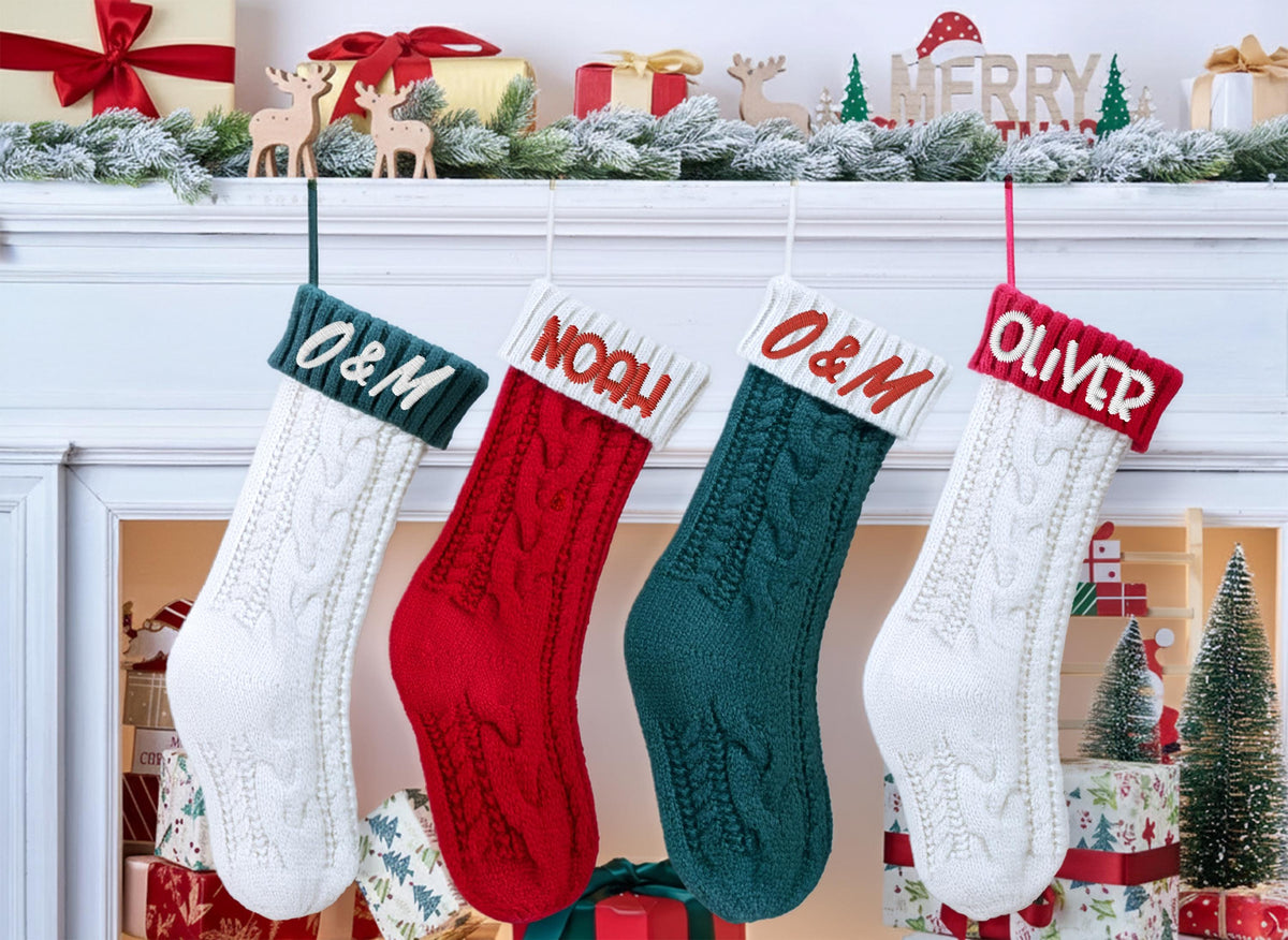 Custom Name & Initial Design Knitted Stocking, Monogram Embroidered Christmas Stocking