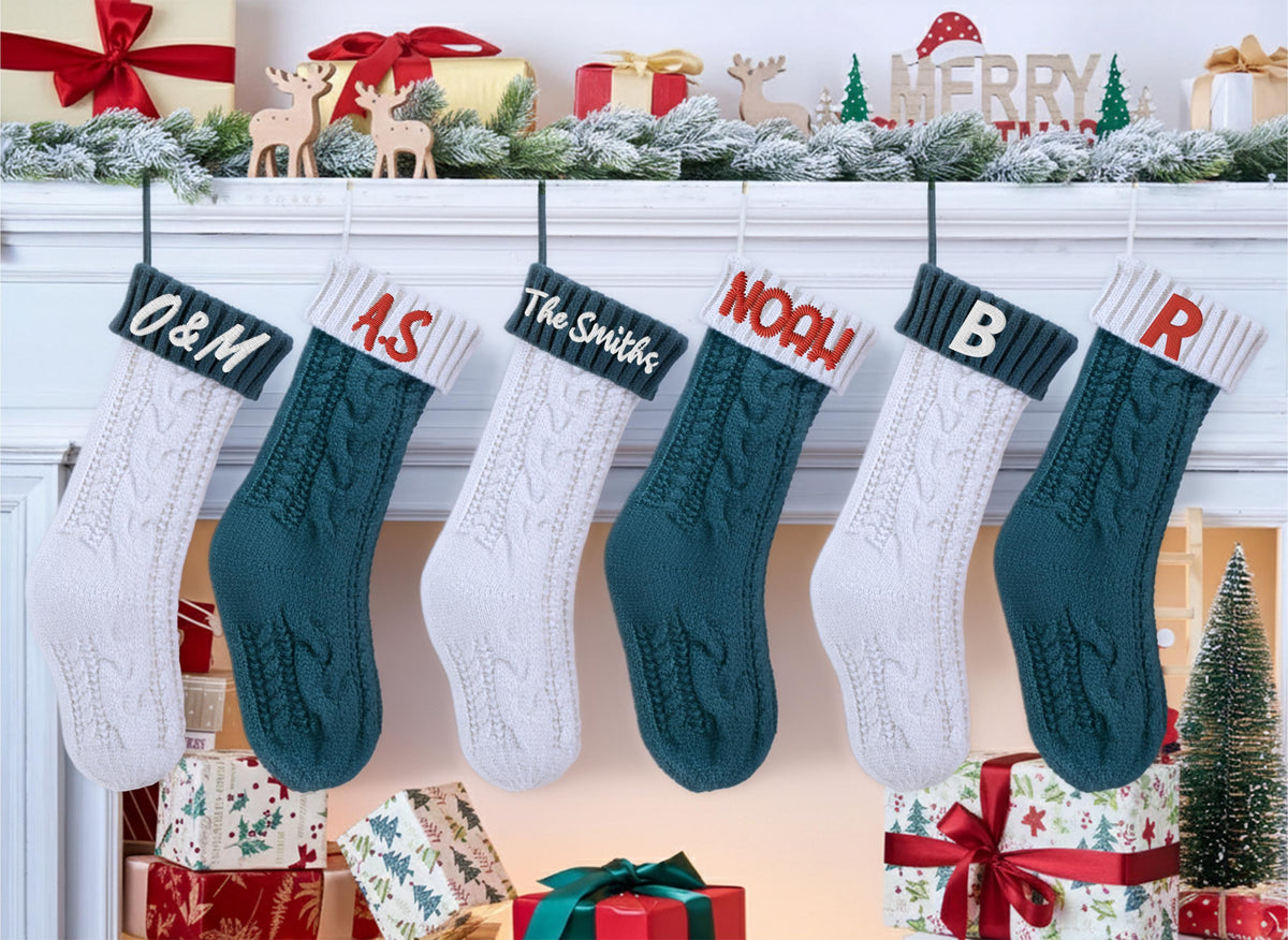 Custom Name & Initial Design Knitted Stocking, Monogram Embroidered Christmas Stocking