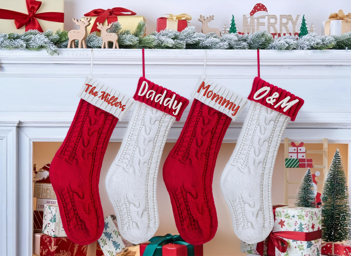Personalized Knitted Christmas Stocking, Custom Name Embroidered Family Christmas Decor