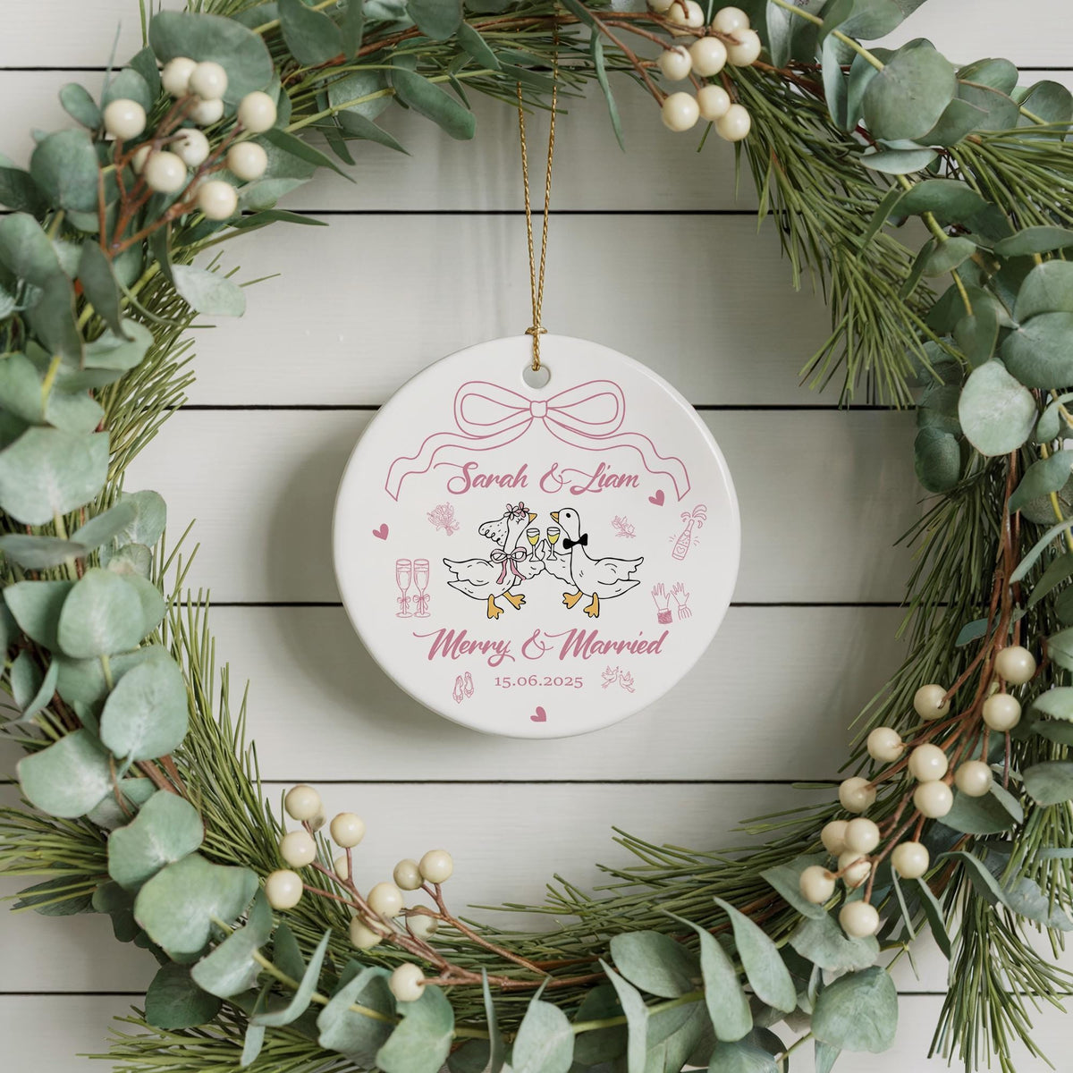 First Christmas Merry And Married Ornament, Custom Name & Date Wedding Keepsake, Newlyweds Gift