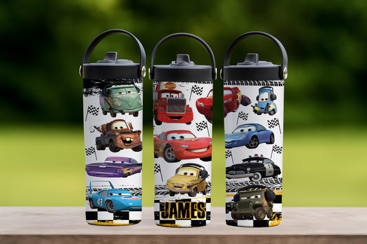 Personalized Racing Cars Tumbler With Foldable Straw, Car Lover Kids Insulated Water Cup