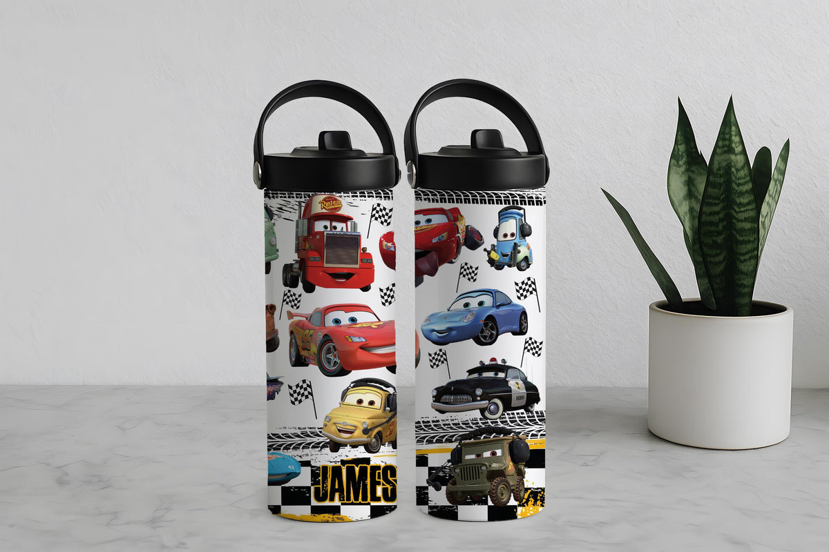Personalized Racing Cars Tumbler With Foldable Straw, Car Lover Kids Insulated Water Cup
