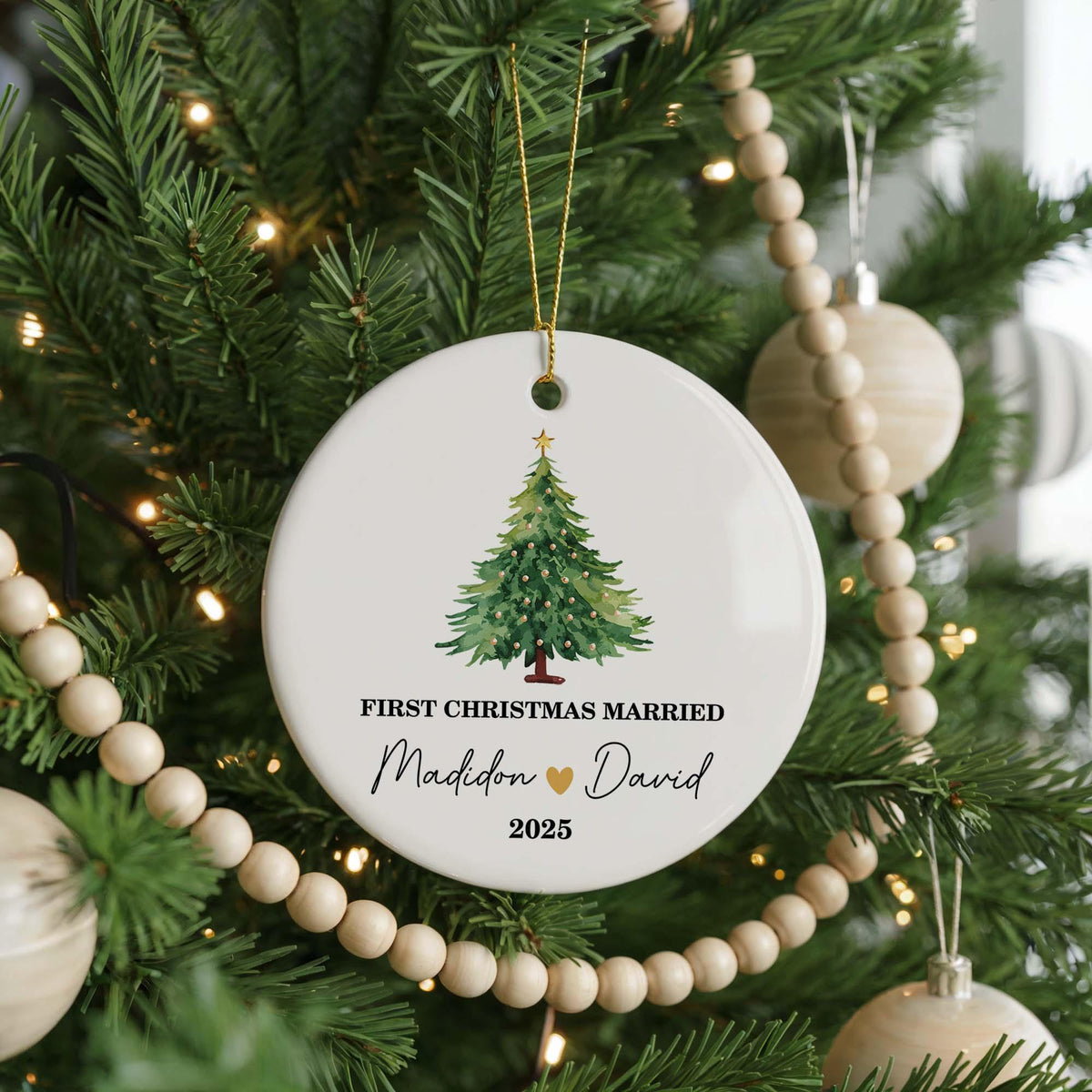 Personalized First Christmas Married Ceramic Ornament, Custom Names