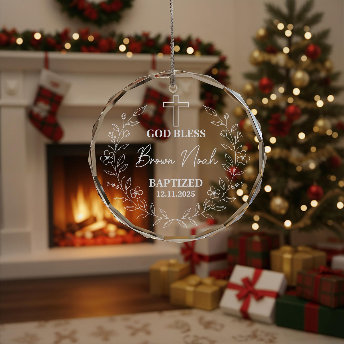 Engraved Crystal Glass Baptism Ornament, Personalized God Bless Keepsake