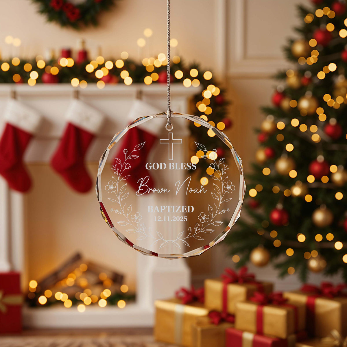 Engraved Crystal Glass Baptism Ornament, Personalized God Bless Keepsake