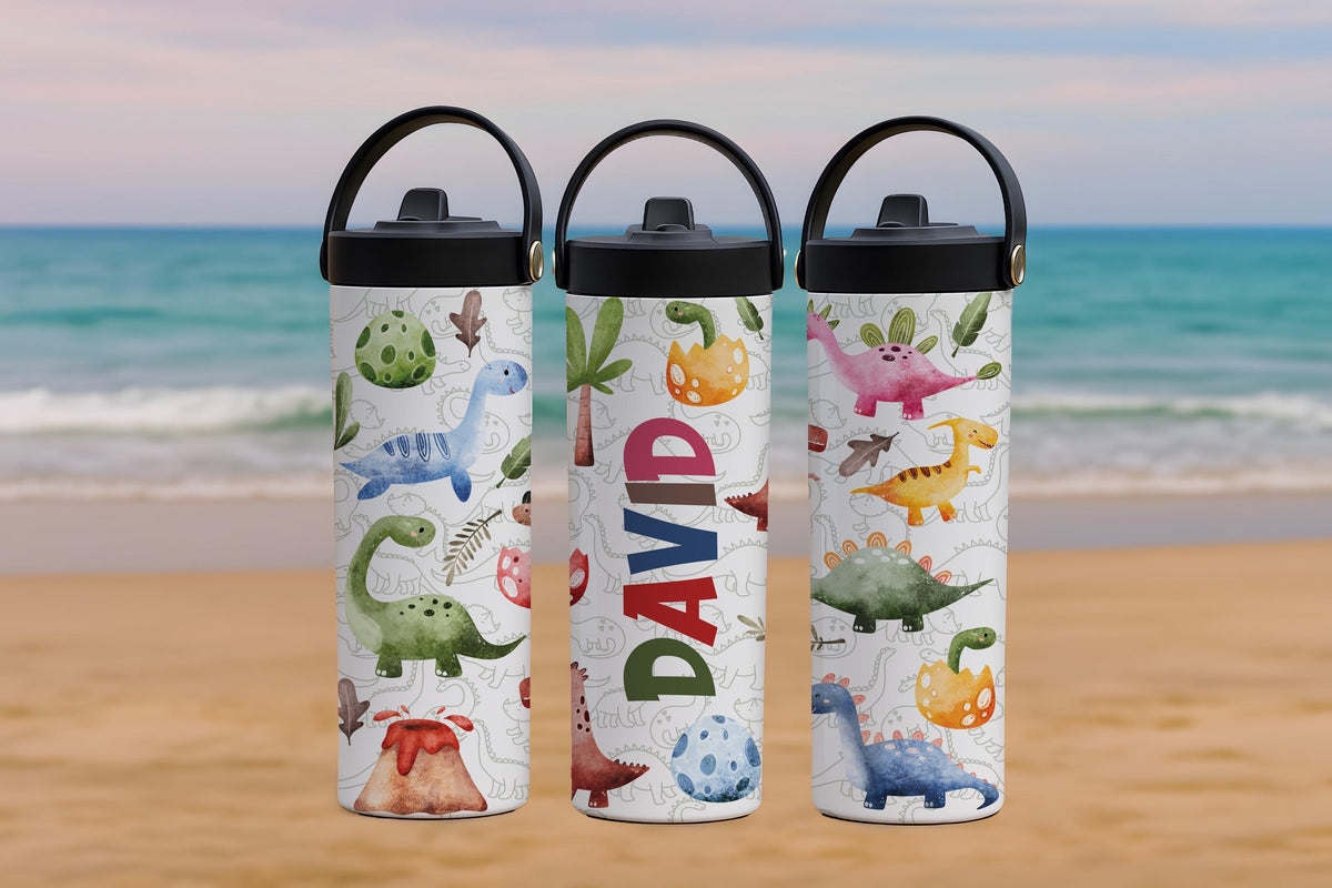 Custom Name Cute Dinosaurs Design Tumbler With Straw, BPA Free Kids Water Bottle