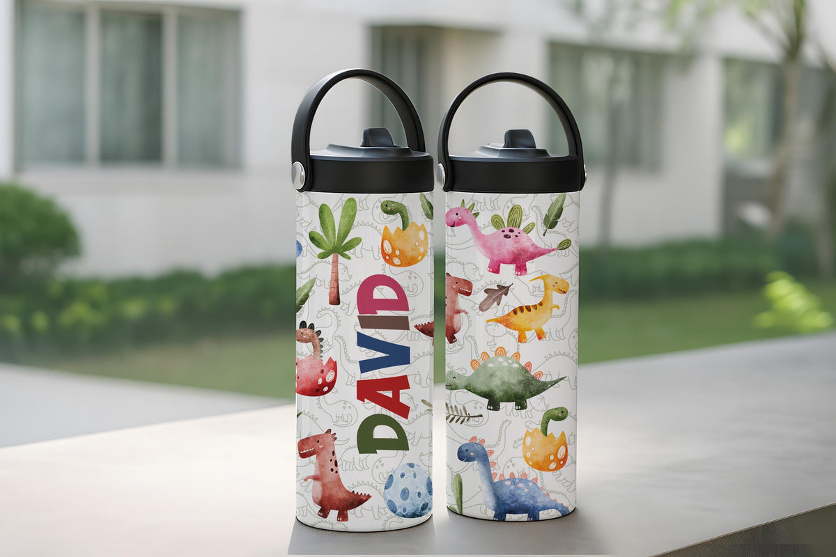 Custom Name Cute Dinosaurs Design Tumbler With Straw, BPA Free Kids Water Bottle